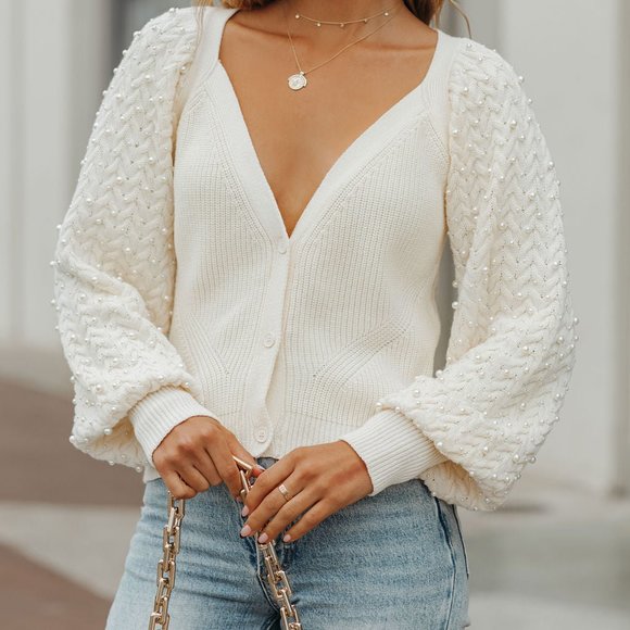 ALBA COTTON BLEND PEARL BUTTON FRONT CARDIGAN - IVORY - Picture 5 of 9